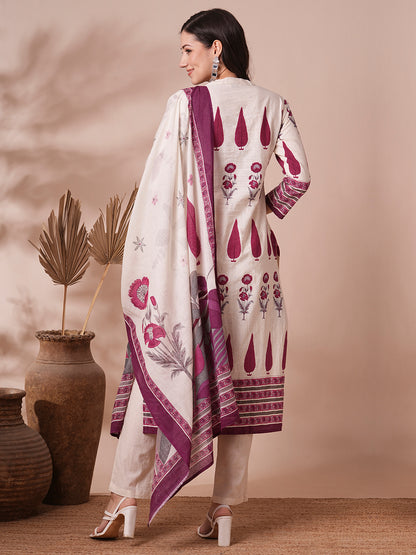 Ethnic Printed Straight Fit Cotton Flax Kurta with Pant and Dupatta - Off White