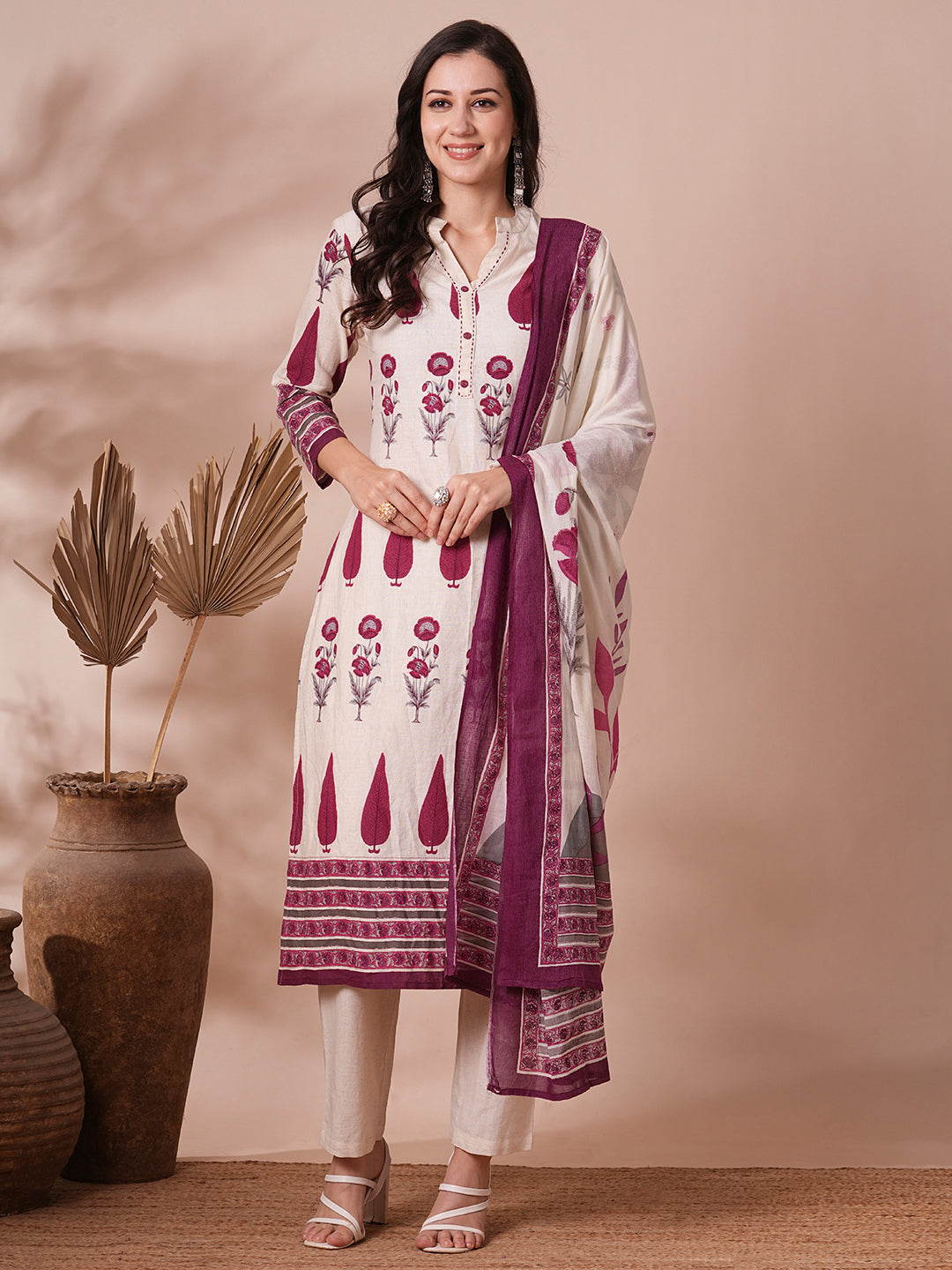 Ethnic Printed Straight Fit Cotton Flax Kurta with Pant and Dupatta - Off White