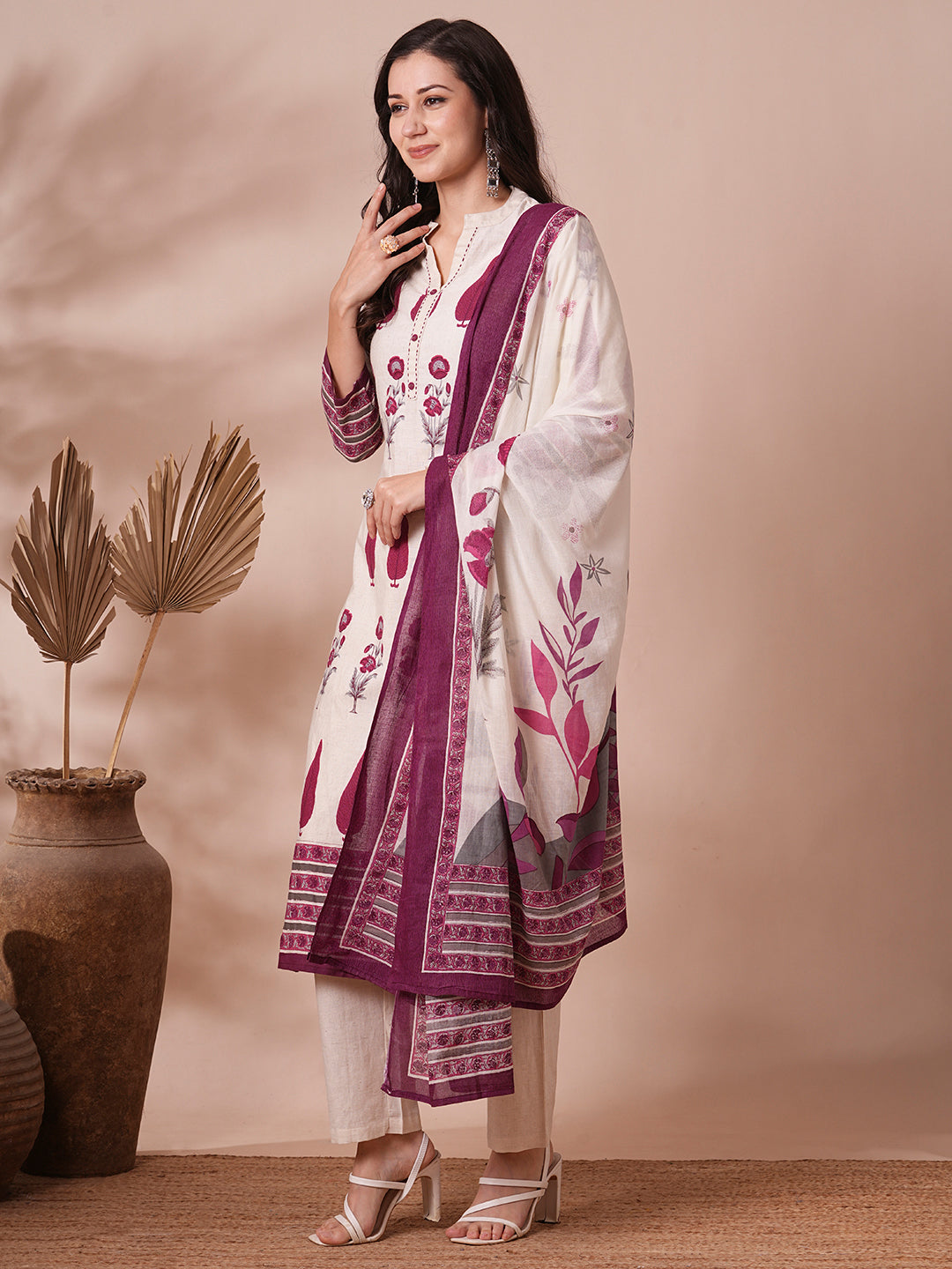 Ethnic Printed Straight Fit Cotton Flax Kurta with Pant and Dupatta - Off White