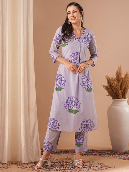 Abstract Floral Printed Straight Fit Co-ord Set - Lavender