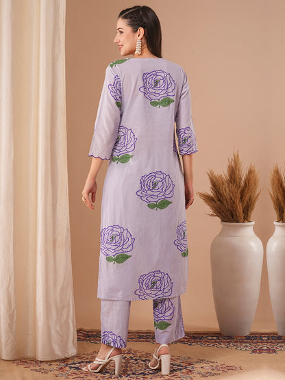 Abstract Floral Printed Straight Fit Co-ord Set - Lavender