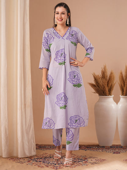 Abstract Floral Printed Straight Fit Co-ord Set - Lavender