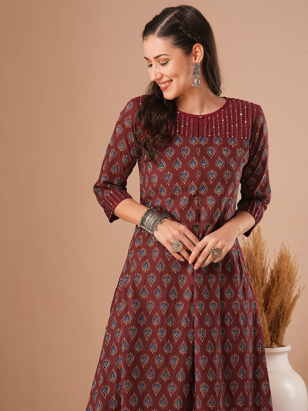 Ethnic Floral Printed A-Line Kurta with Pant - Maroon