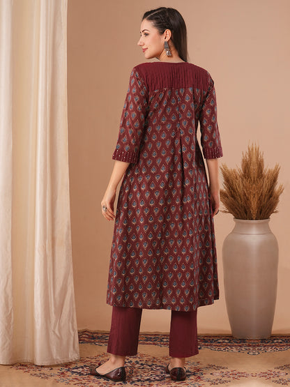 Ethnic Floral Printed A-Line Kurta with Pant - Maroon