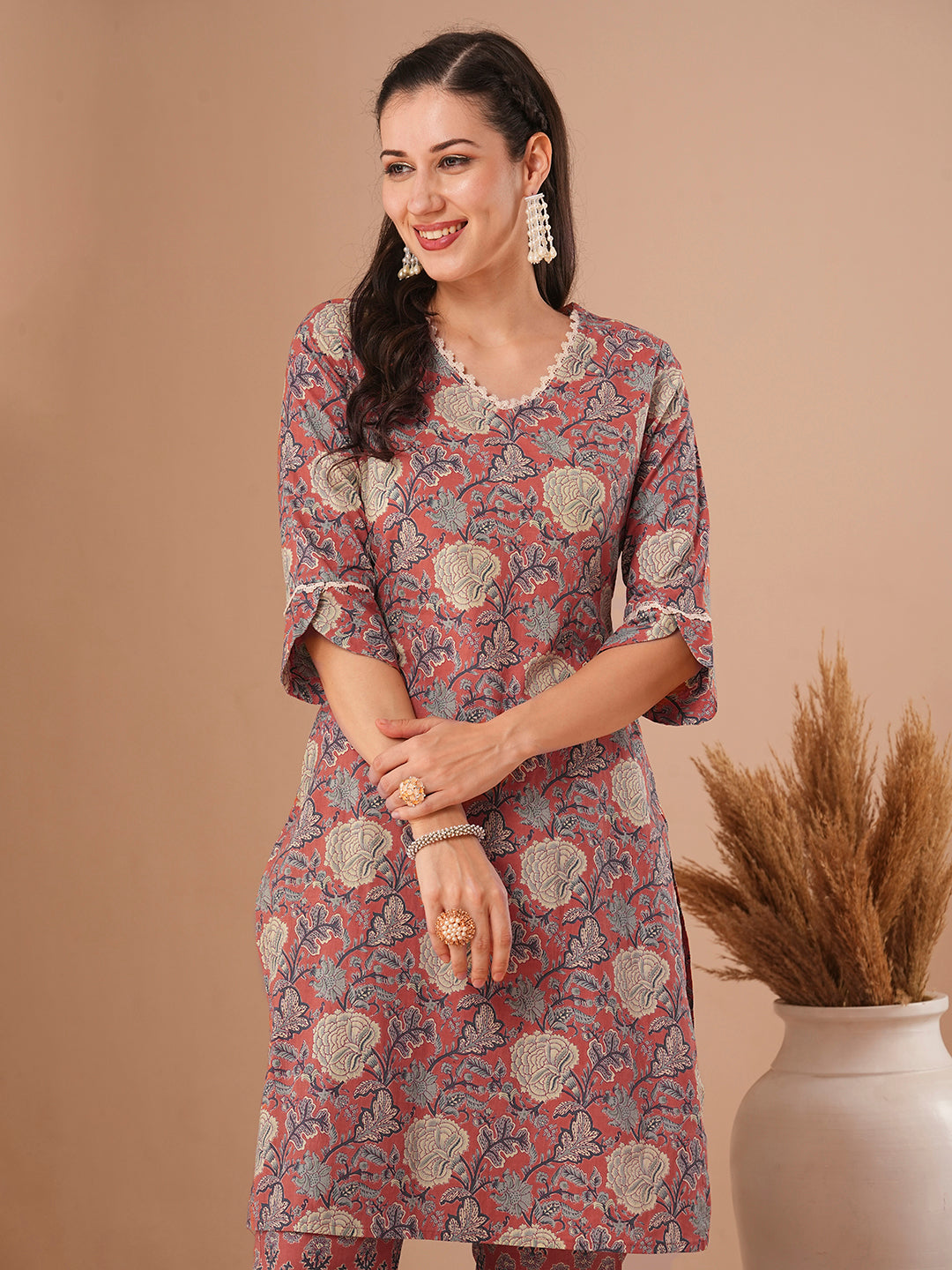 Ethnic Floral Printed Straight Fit Kurta with Palazzo - Coral