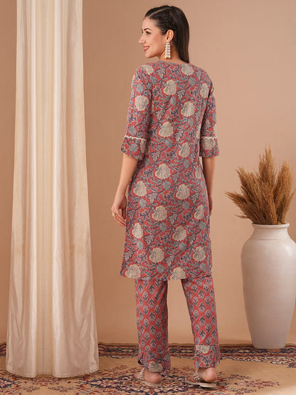 Ethnic Floral Printed Straight Fit Kurta with Palazzo - Coral