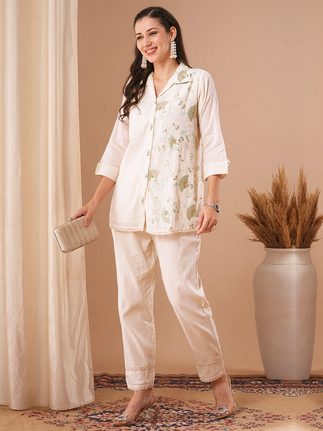 Solid Resham & Sequin Floral Embroidered Straight Fit Co-ord Set - Off White