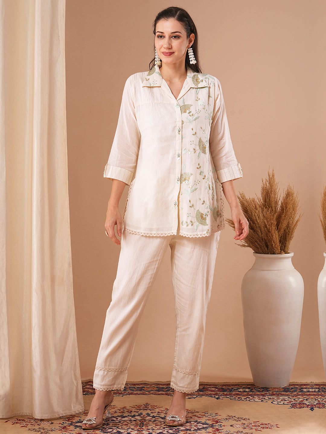 Solid Resham & Sequin Floral Embroidered Straight Fit Co-ord Set - Off White