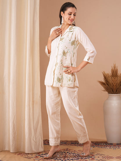 Solid Resham & Sequin Floral Embroidered Straight Fit Co-ord Set - Off White