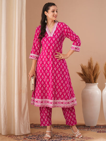 Ethnic Printed A-Line Co-ord Set - Pink