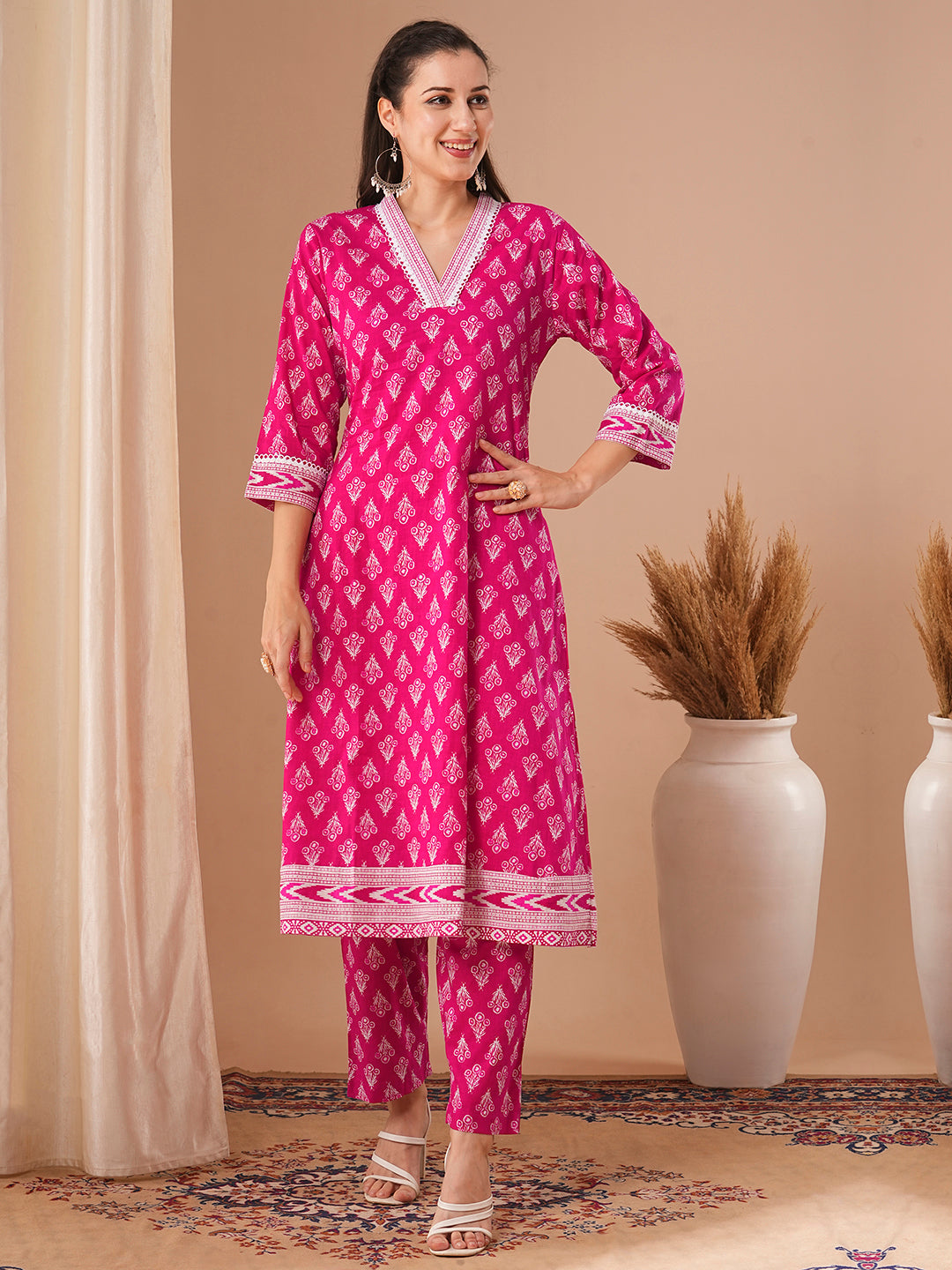 Ethnic Printed A-Line Co-ord Set - Pink