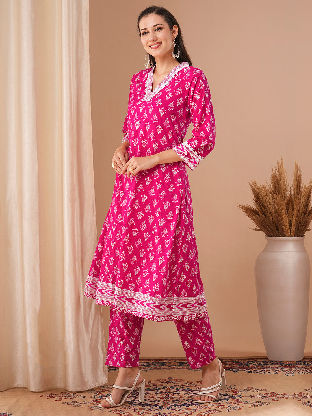 Ethnic Printed A-Line Co-ord Set - Pink