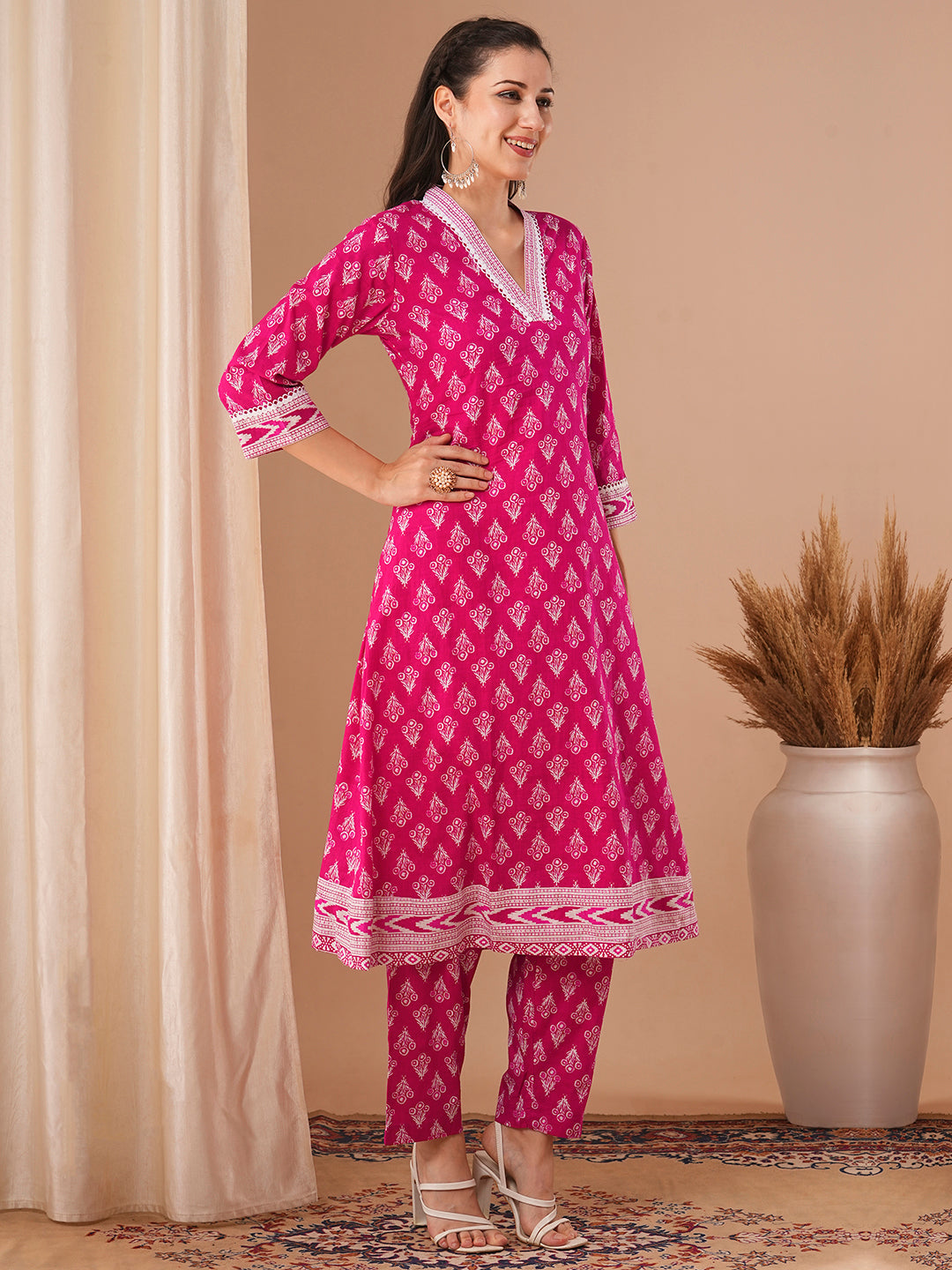 Ethnic Printed A-Line Co-ord Set - Pink