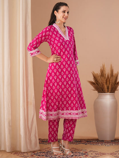 Ethnic Printed A-Line Co-ord Set - Pink