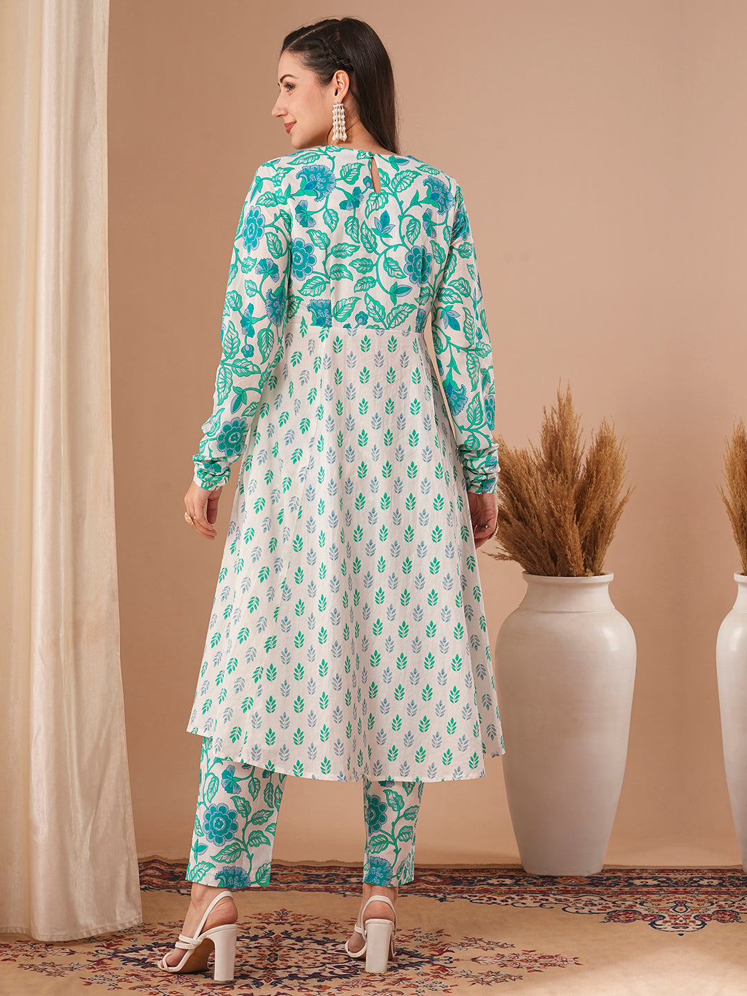 Ethnic Floral Printed A-Line Paneled Kurta with Pant - White