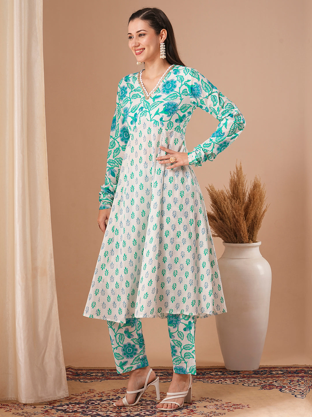 Ethnic Floral Printed A-Line Paneled Kurta with Pant - White