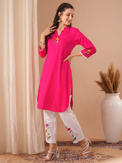 Solid Floral Embroidered Straight Fit Cotton Flax Kurta with Pant - Pink