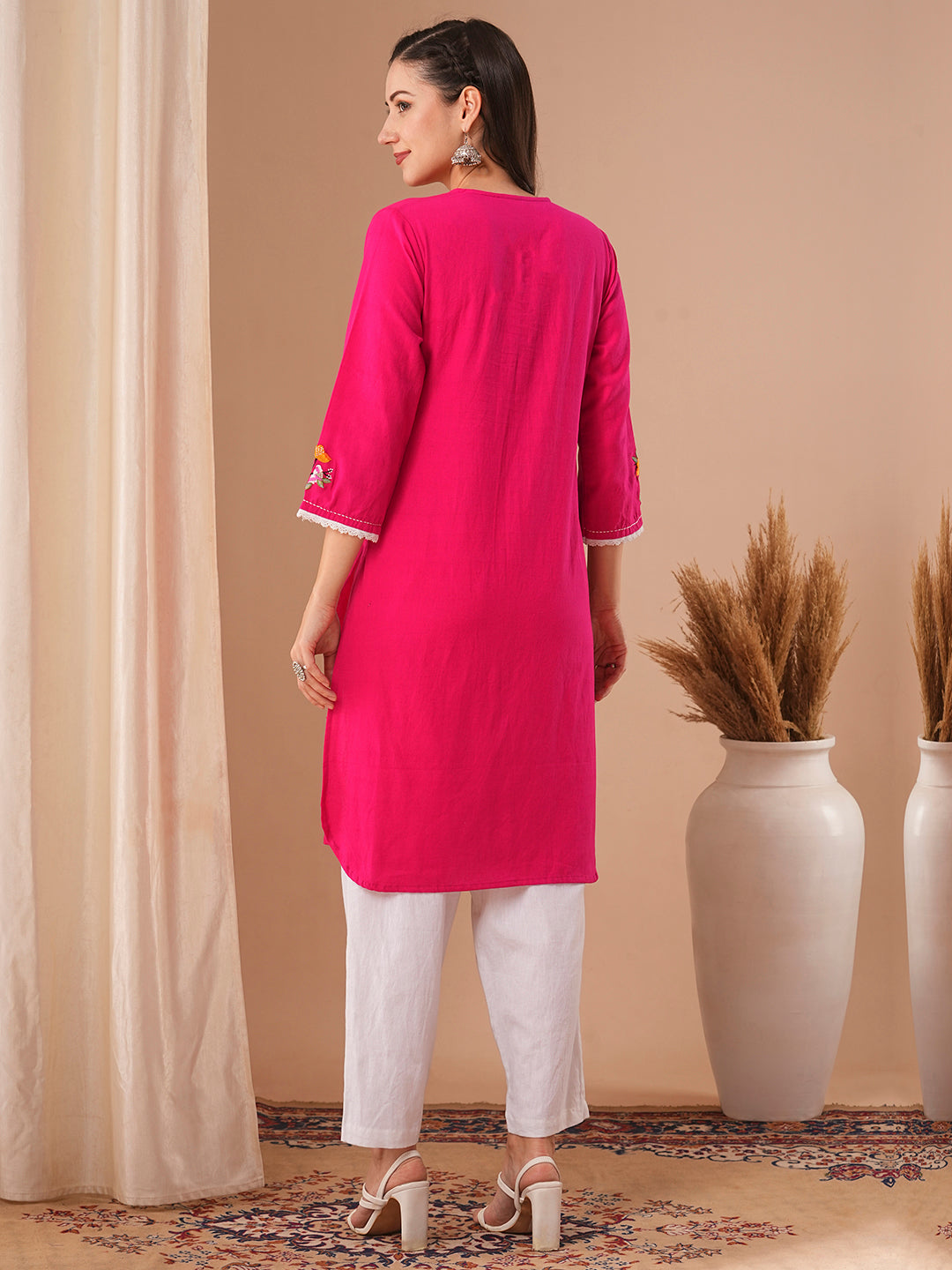 Solid Floral Embroidered Straight Fit Cotton Flax Kurta with Pant - Pink