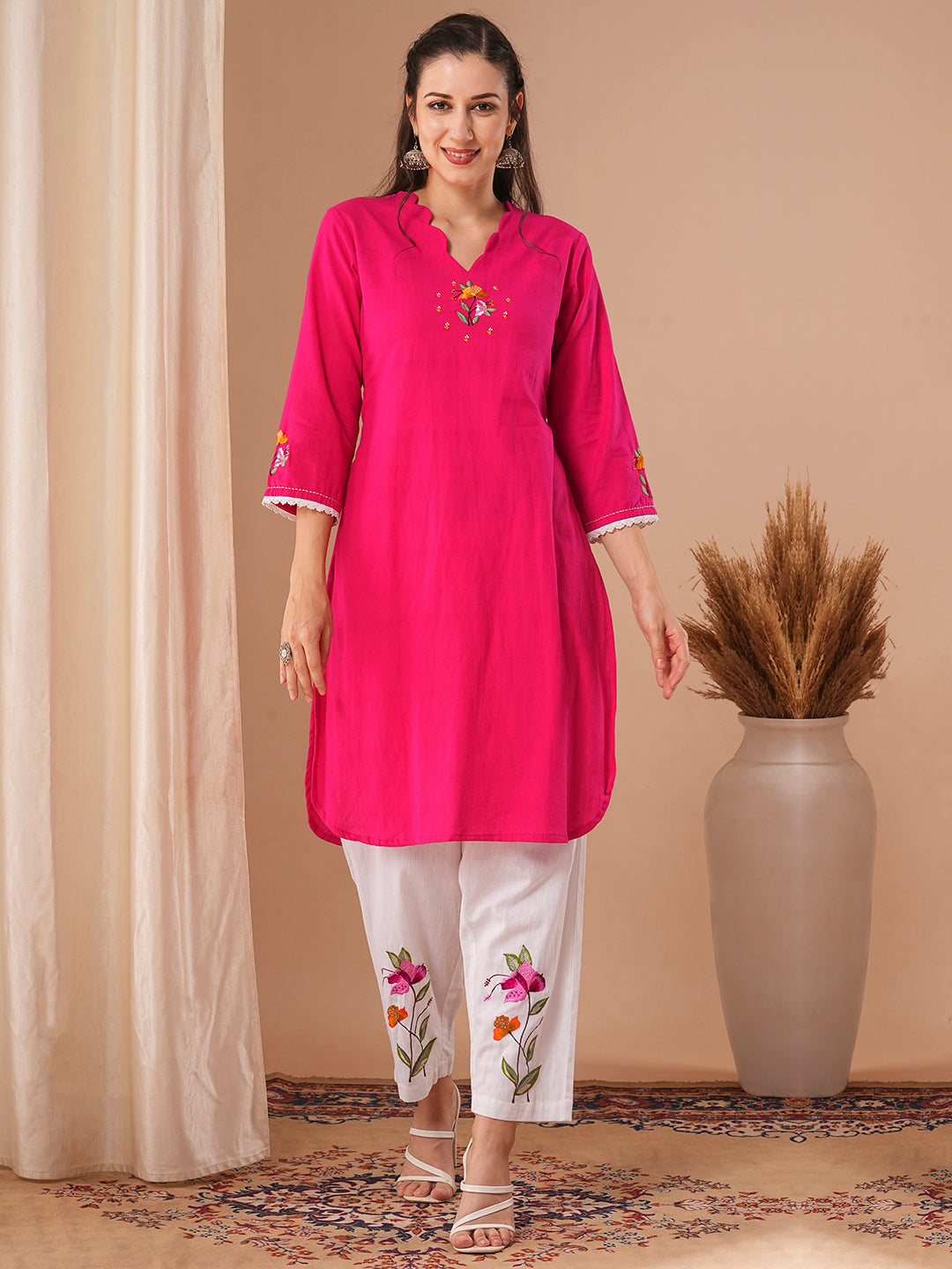 Solid Floral Embroidered Straight Fit Cotton Flax Kurta with Pant - Pink