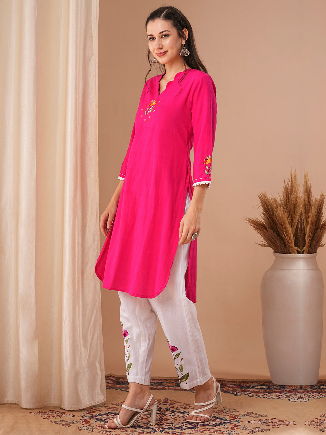 Solid Floral Embroidered Straight Fit Cotton Flax Kurta with Pant - Pink