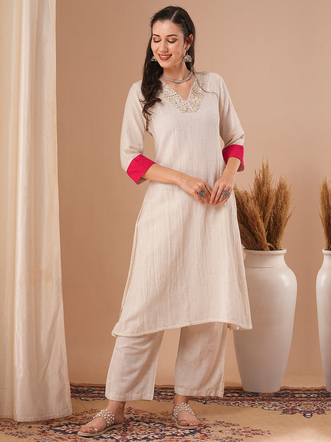 Solid Ethnic Zari Embroidered Straight Fit Co-ord Set - Off White