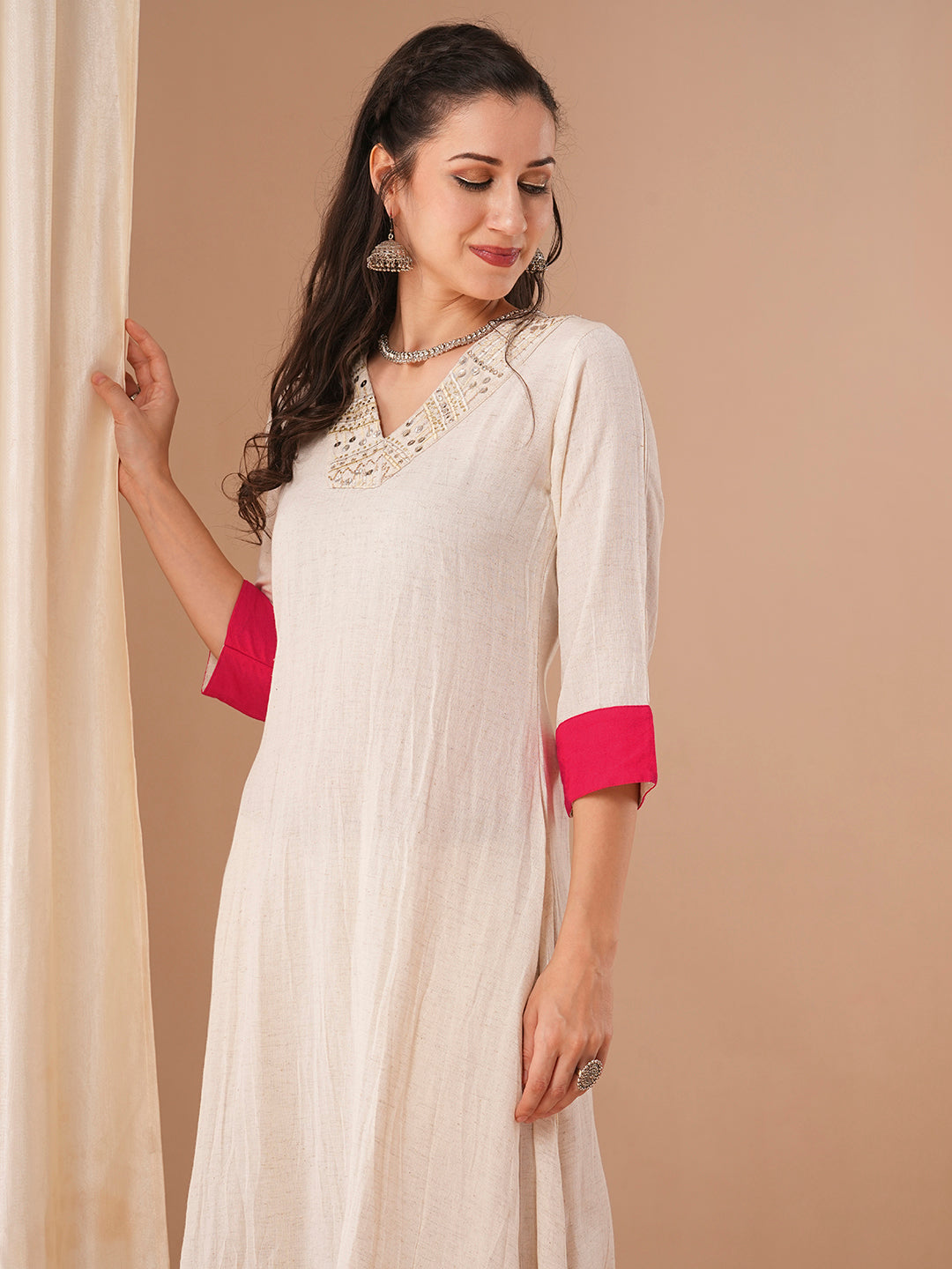 Solid Ethnic Zari Embroidered Straight Fit Co-ord Set - Off White