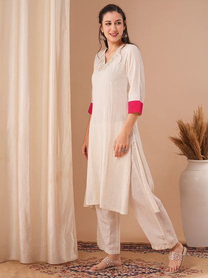 Solid Ethnic Zari Embroidered Straight Fit Co-ord Set - Off White