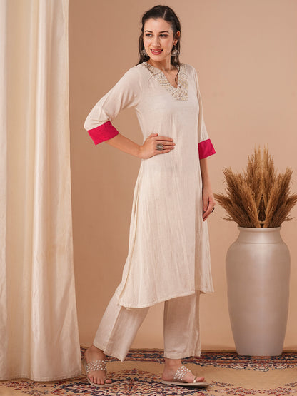 Solid Ethnic Zari Embroidered Straight Fit Co-ord Set - Off White