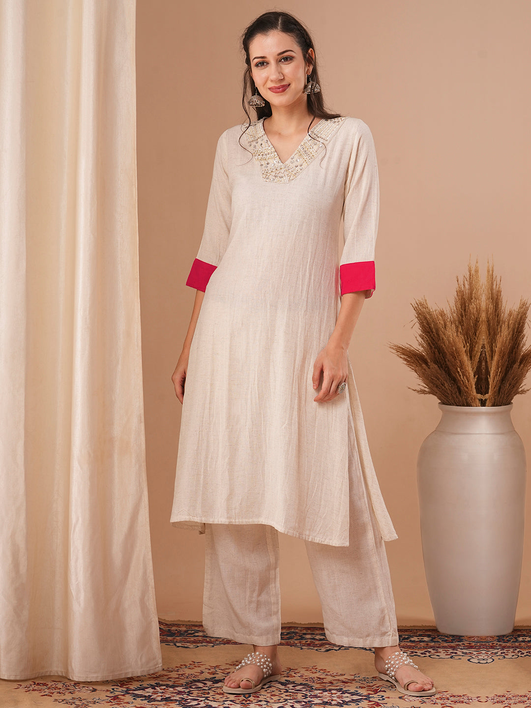 Solid Ethnic Zari Embroidered Straight Fit Co-ord Set - Off White