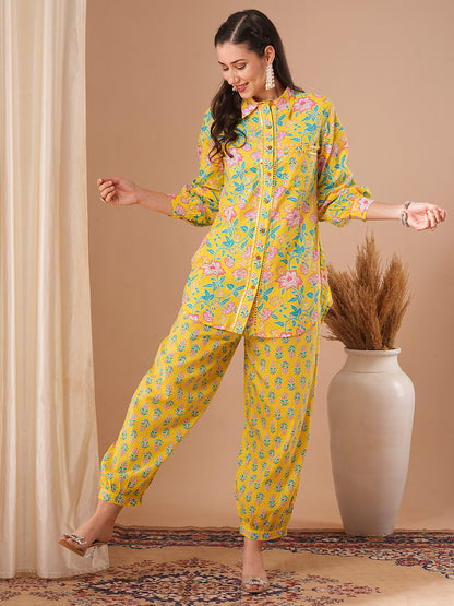 Ethnic Floral Printed Straight Fit Shirt with Balloon Pant - Yellow