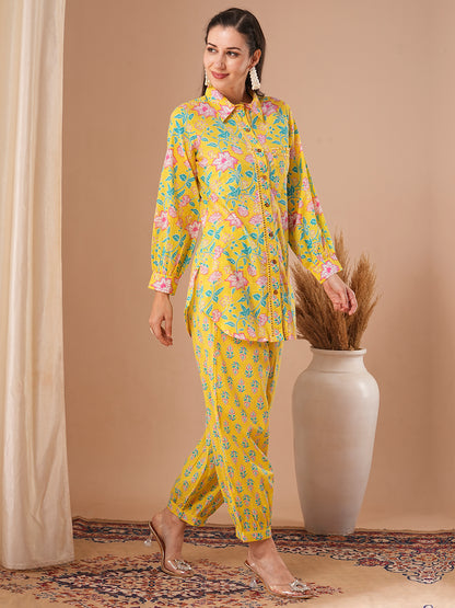 Ethnic Floral Printed Straight Fit Shirt with Balloon Pant - Yellow