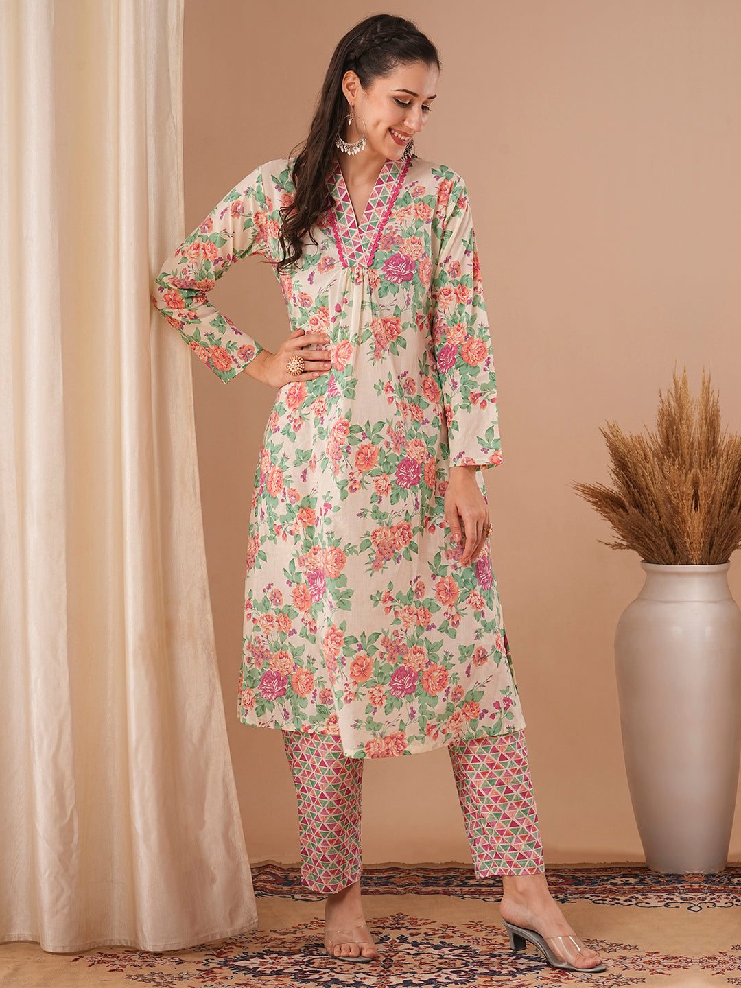 Floral & Geometric Printed A-Line Kurta with Pant - Off White