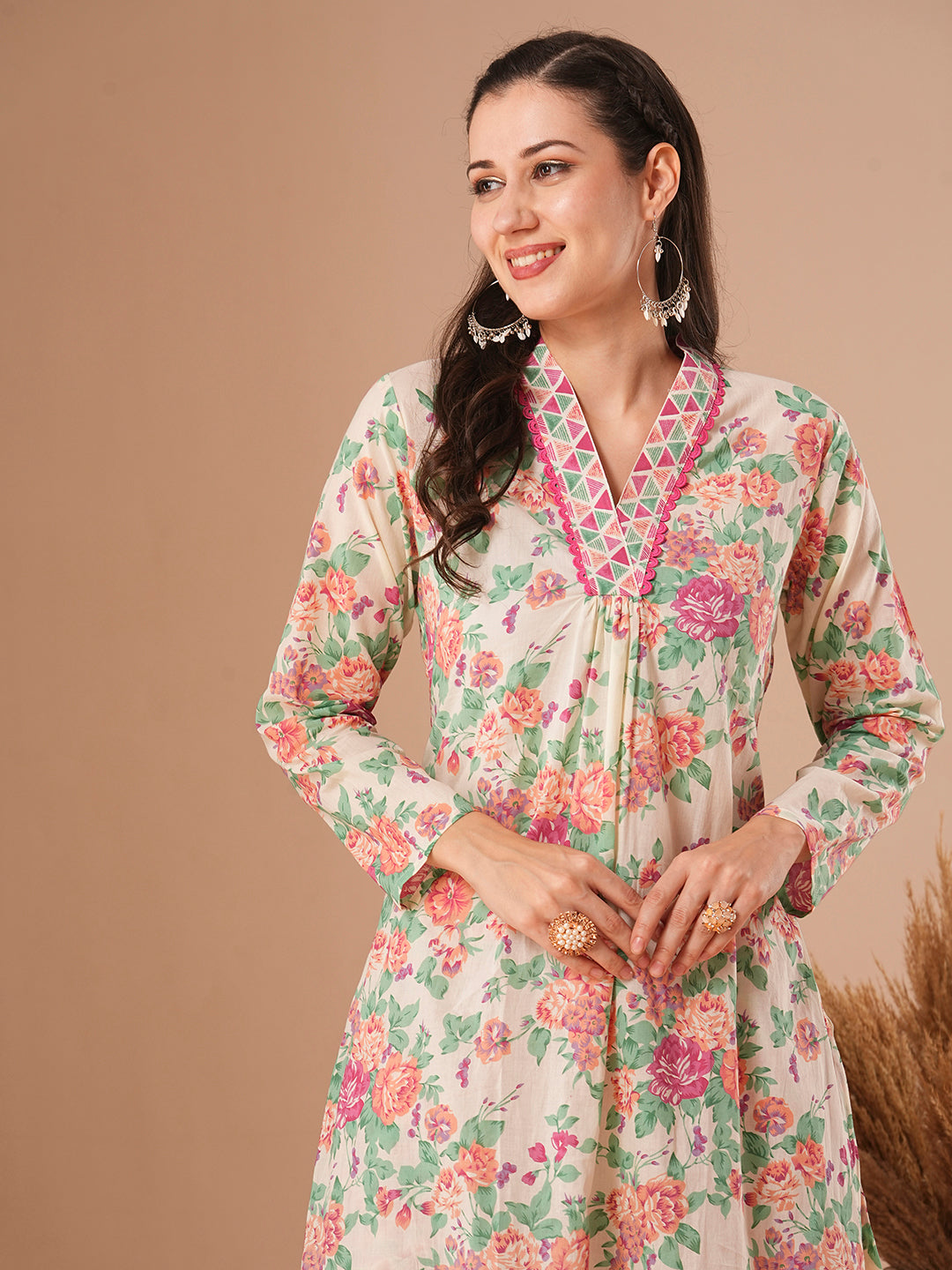 Floral & Geometric Printed A-Line Kurta with Pant - Off White