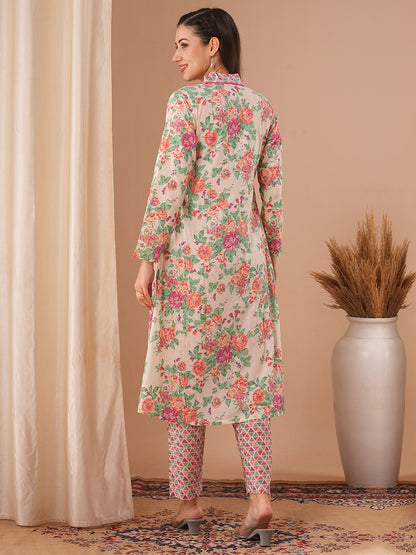 Floral & Geometric Printed A-Line Kurta with Pant - Off White