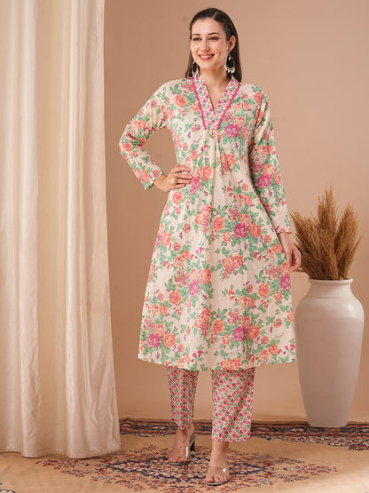 Floral & Geometric Printed A-Line Kurta with Pant - Off White