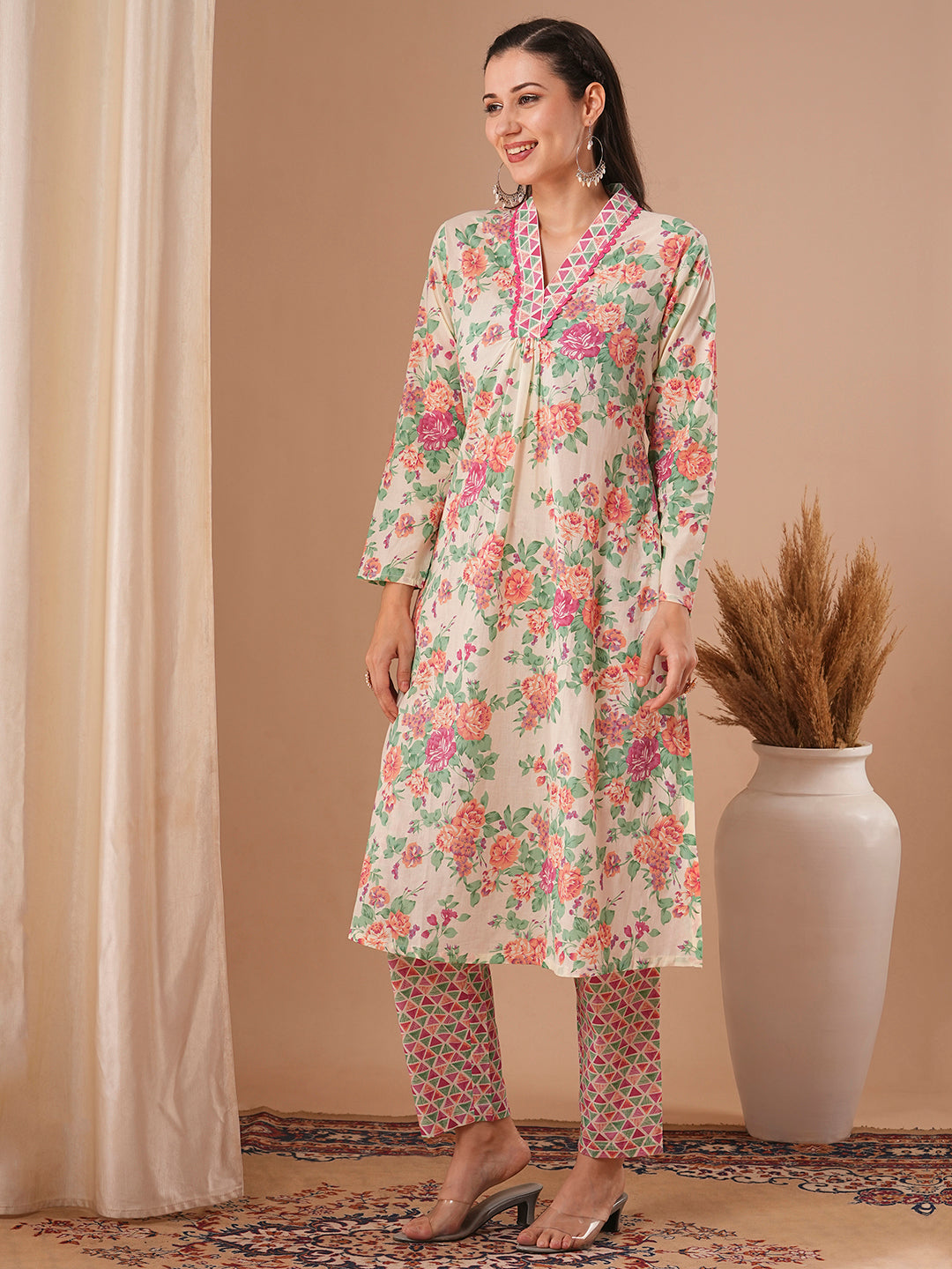 Floral & Geometric Printed A-Line Kurta with Pant - Off White