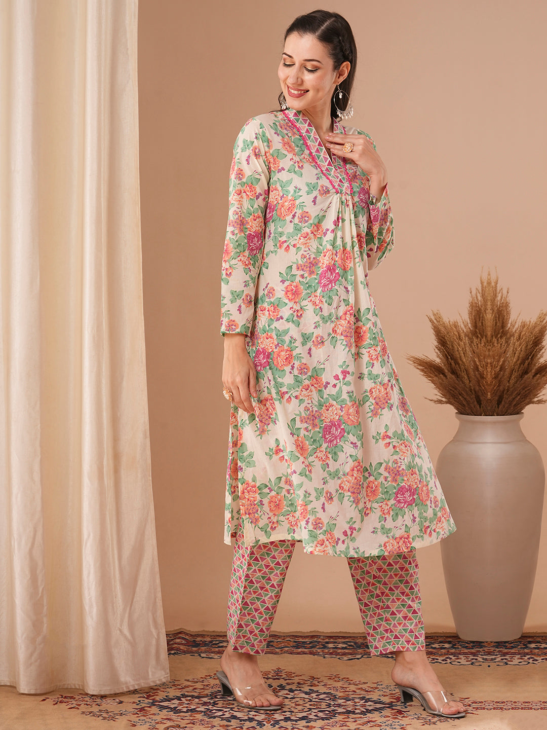 Floral & Geometric Printed A-Line Kurta with Pant - Off White