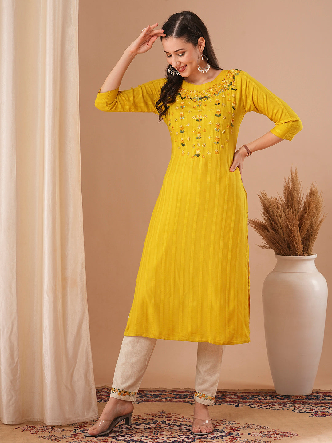 Solid Floral Hand Embroidered Straight Fit Kurta with Pant - Yellow