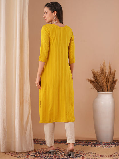 Solid Floral Hand Embroidered Straight Fit Kurta with Pant - Yellow