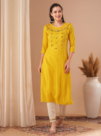 Solid Floral Hand Embroidered Straight Fit Kurta with Pant - Yellow