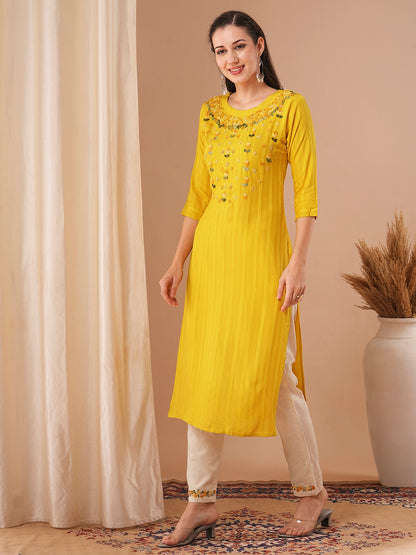 Solid Floral Hand Embroidered Straight Fit Kurta with Pant - Yellow