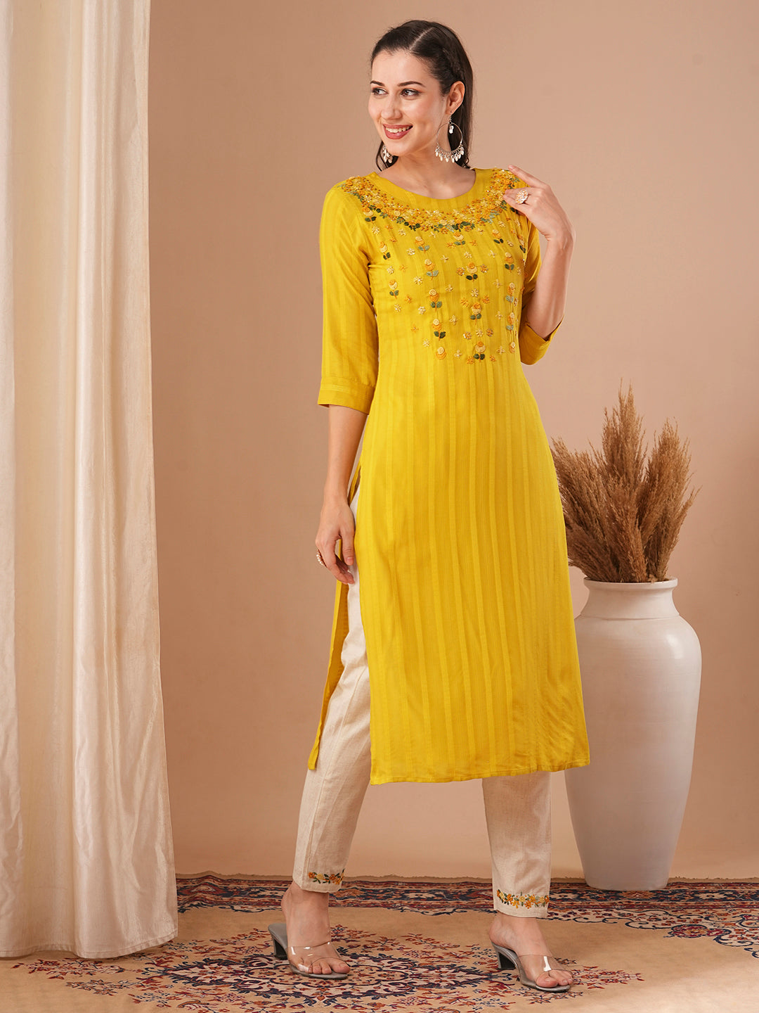 Solid Floral Hand Embroidered Straight Fit Kurta with Pant - Yellow