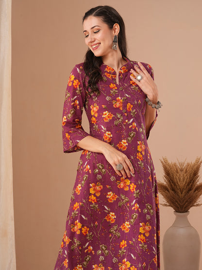 Ethnic Floral Printed A-Line Kurta with Pant - Purple