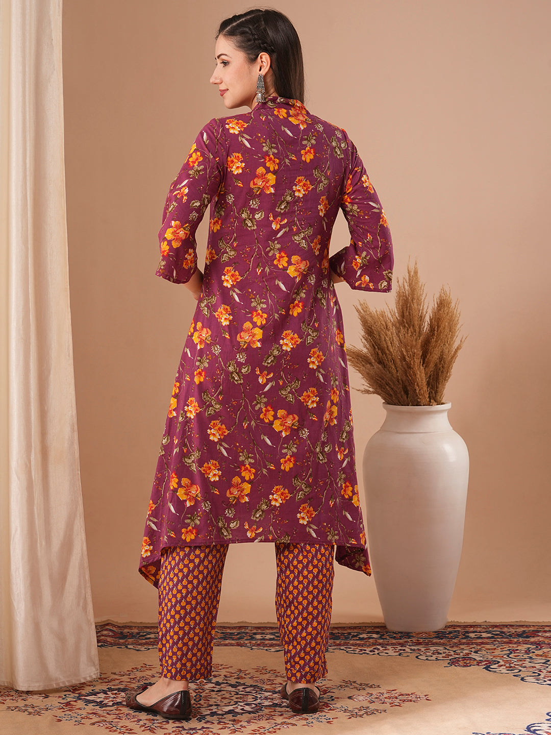 Ethnic Floral Printed A-Line Kurta with Pant - Purple