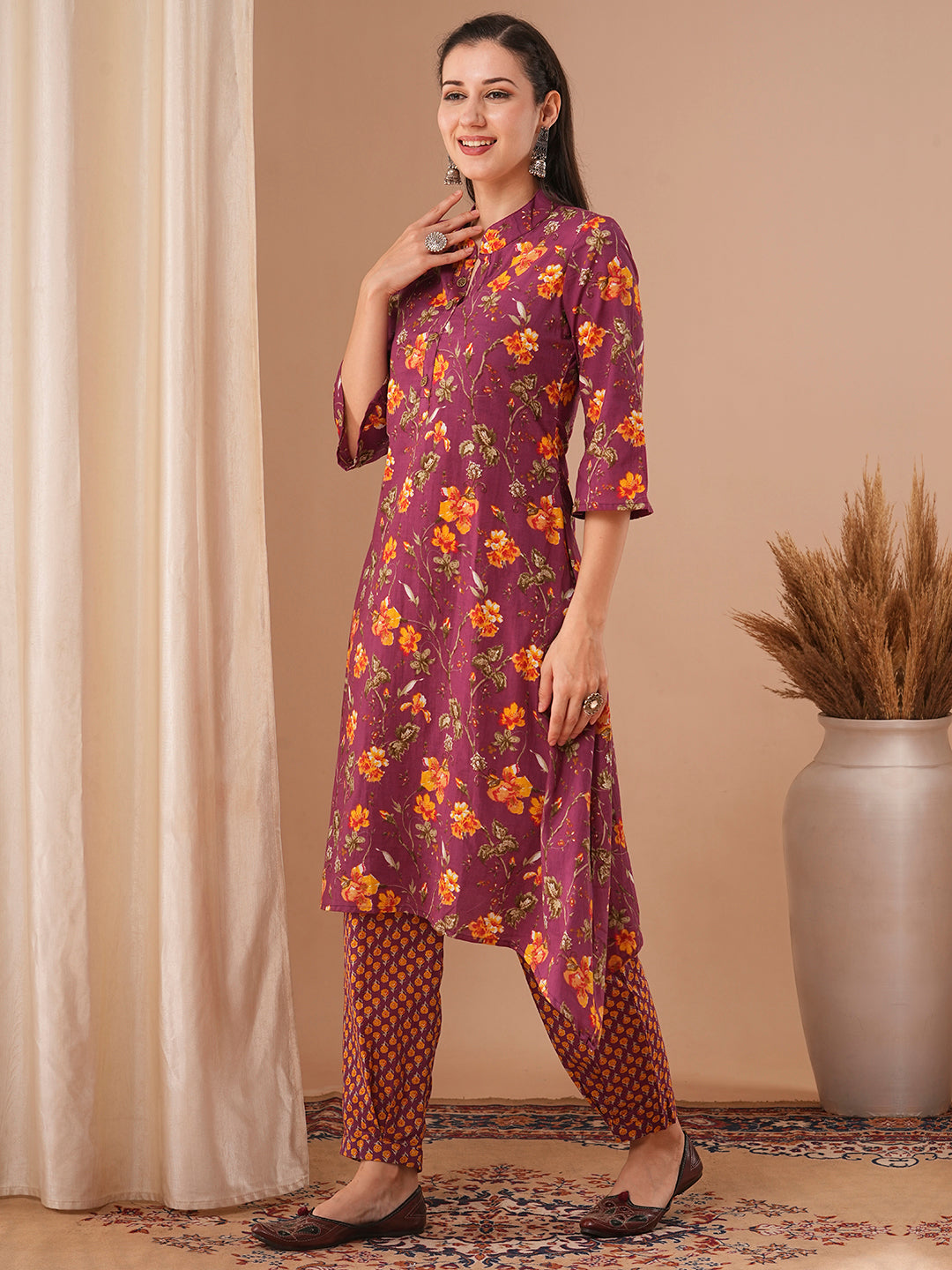 Ethnic Floral Printed A-Line Kurta with Pant - Purple