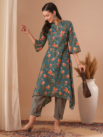 Ethnic Floral Printed A-Line Kurta with Pant - Green