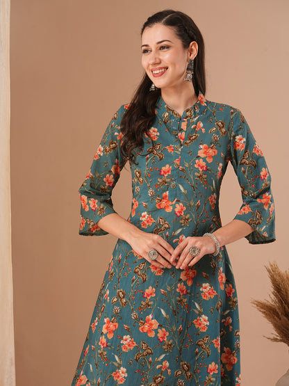 Ethnic Floral Printed A-Line Kurta with Pant - Green