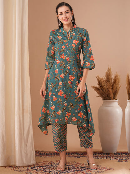 Ethnic Floral Printed A-Line Kurta with Pant - Green