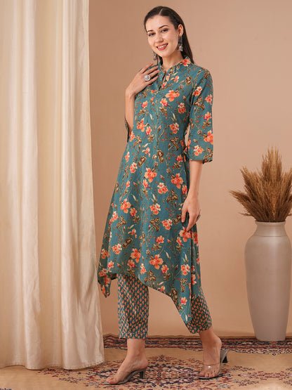 Ethnic Floral Printed A-Line Kurta with Pant - Green