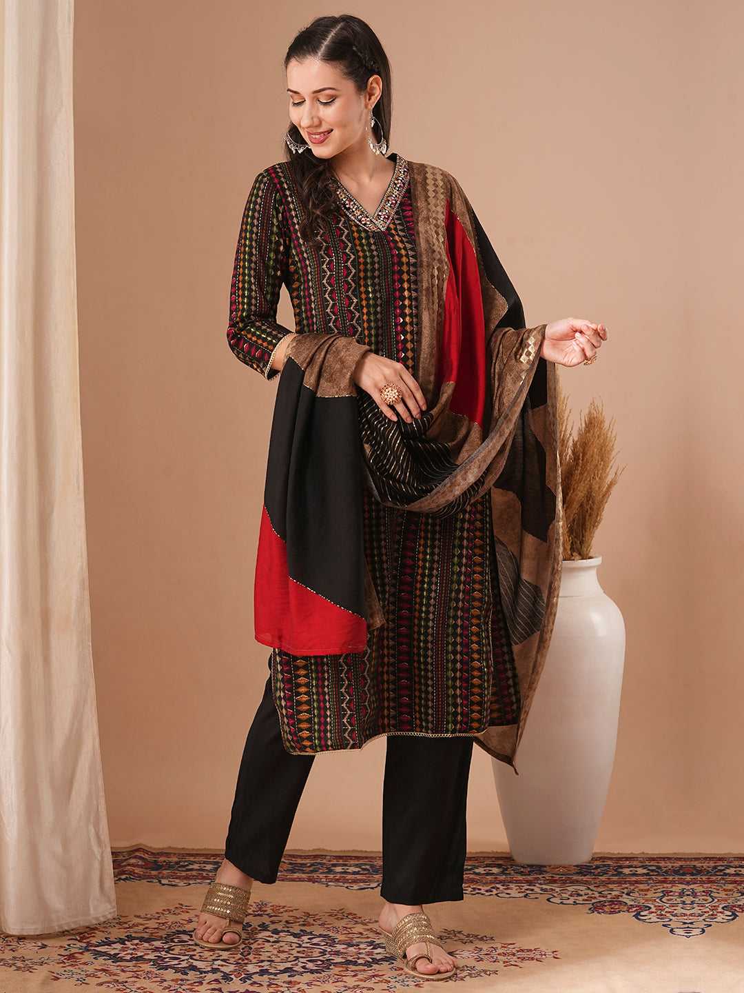 Ethnic Stripes Printed & Embroidered Straight Fit Kurta with Pant and Dupatta - Black